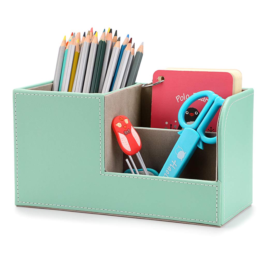 BTSKY PU Leather Desk Organizer - Multi-Functional Pen Pencil Holder, Business Card & Phone Storage, Remote Control Stationery Box for Home Office Desk Organization (Mint Green) | Perfect for Workspace, Study Table & Gift Idea