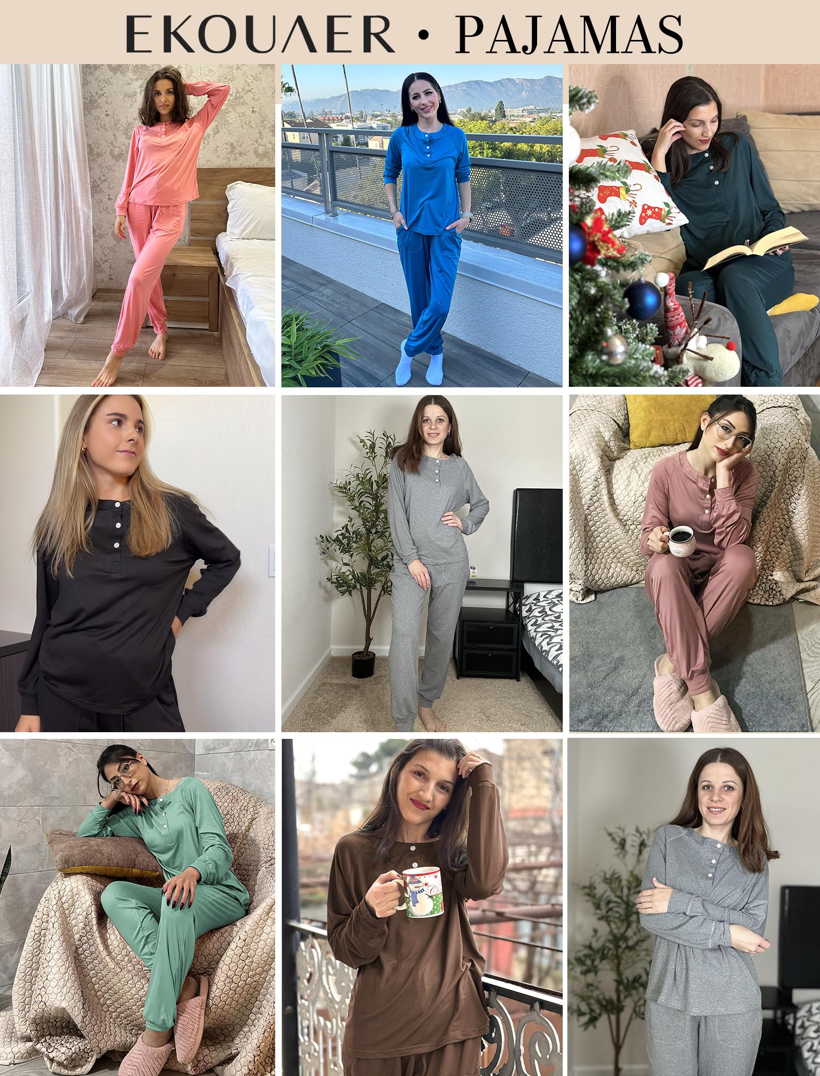 Ekouaer Women's Long Sleeve Pajama Set - Soft 2-Piece Jogger Lounge Wear with Pockets (S-XXL) | Cozy Sleepwear & Comfortable Loungewear for Relaxing at Home, Travel, and Nighttime Comfort