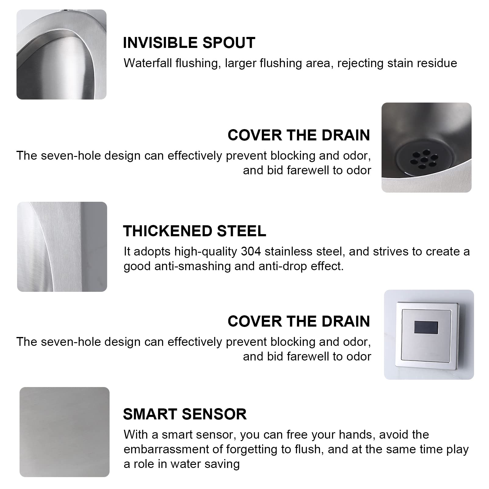 Stainless Steel Wall Mounted Urinal for Men - 304 Commercial Grade with Smart Sensor Flush, Anti-Splash & Odor-Free Design - Perfect for Public Restrooms, Offices, and High-Traffic Areas