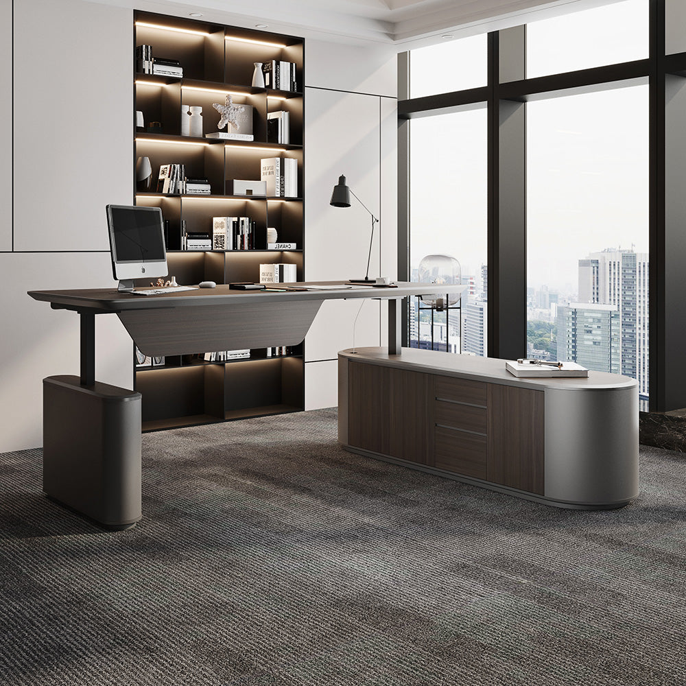 LUCA Electric Height Adjustable Sit Stand Desk 240cm - Hazelnut & Grey Finish, Ergonomic Executive Office Desk with Reversible Return for Home & Workspace