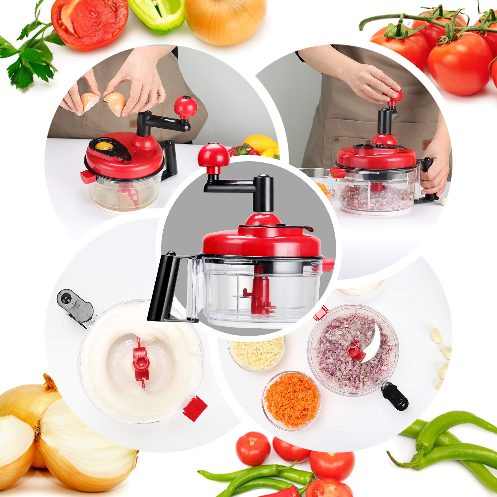 Cambom Manual Food Chopper - 1200ml BPA Free Hand-Powered Vegetable Dicer, Mixer & Blender with Clear Container | Perfect for Chopping Veggies, Mixing Dough & Whipping Eggs in Kitchens, Camping & Small Spaces