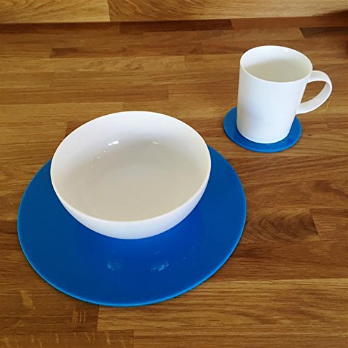 Round Non-Slip Placemat and Coaster Set - 6 Pack Bright Blue Table Mats with 6 Matching Drink Coasters - Perfect for Dining Tables, Kitchen Countertops, and Party Decor