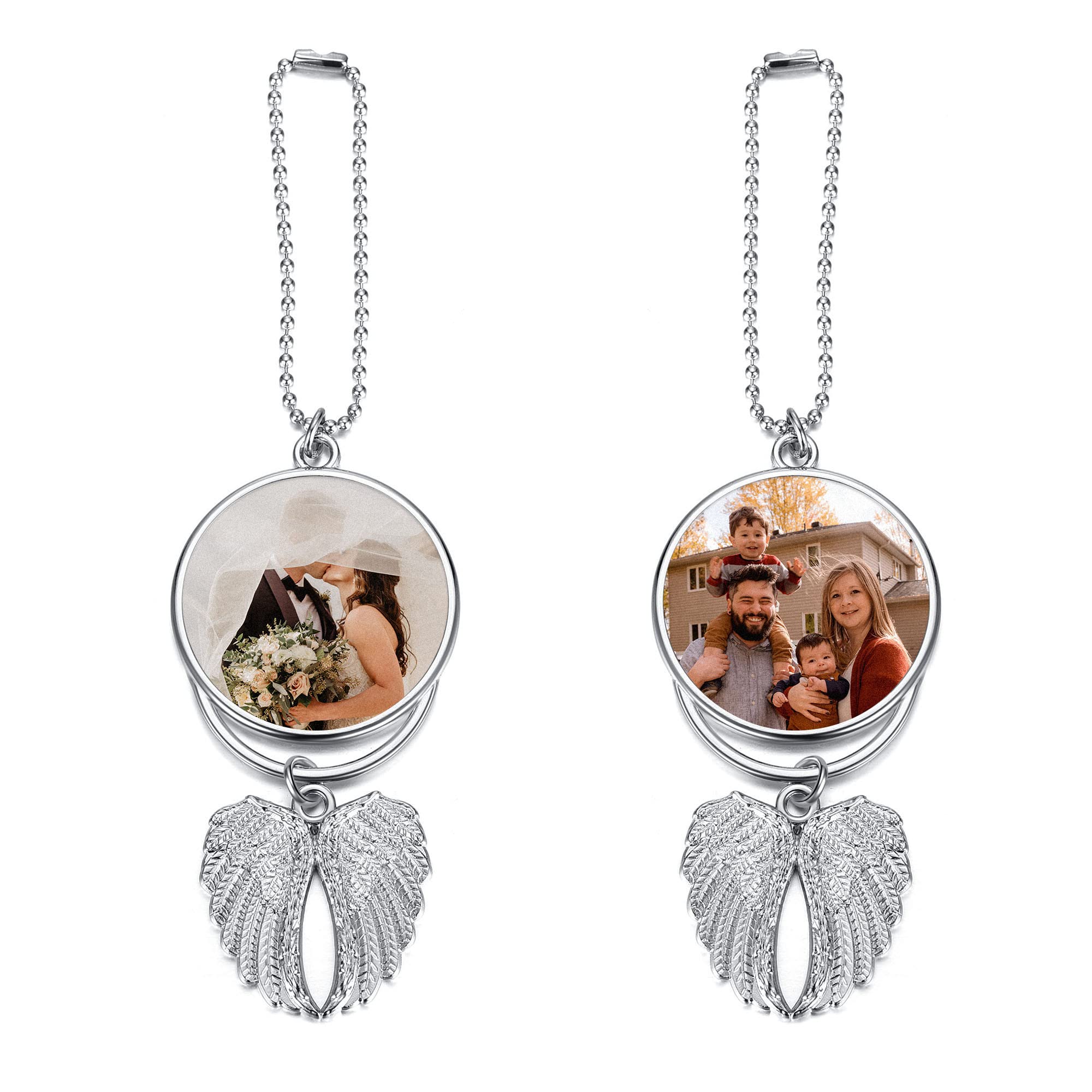 Custom Photo Car Mirror Hanging - Personalized Full Color Picture Pendant with Angel Wings Design - Car Accessories for Men & Women (Silver) - Perfect for Gifts, Commuting & Road Trips