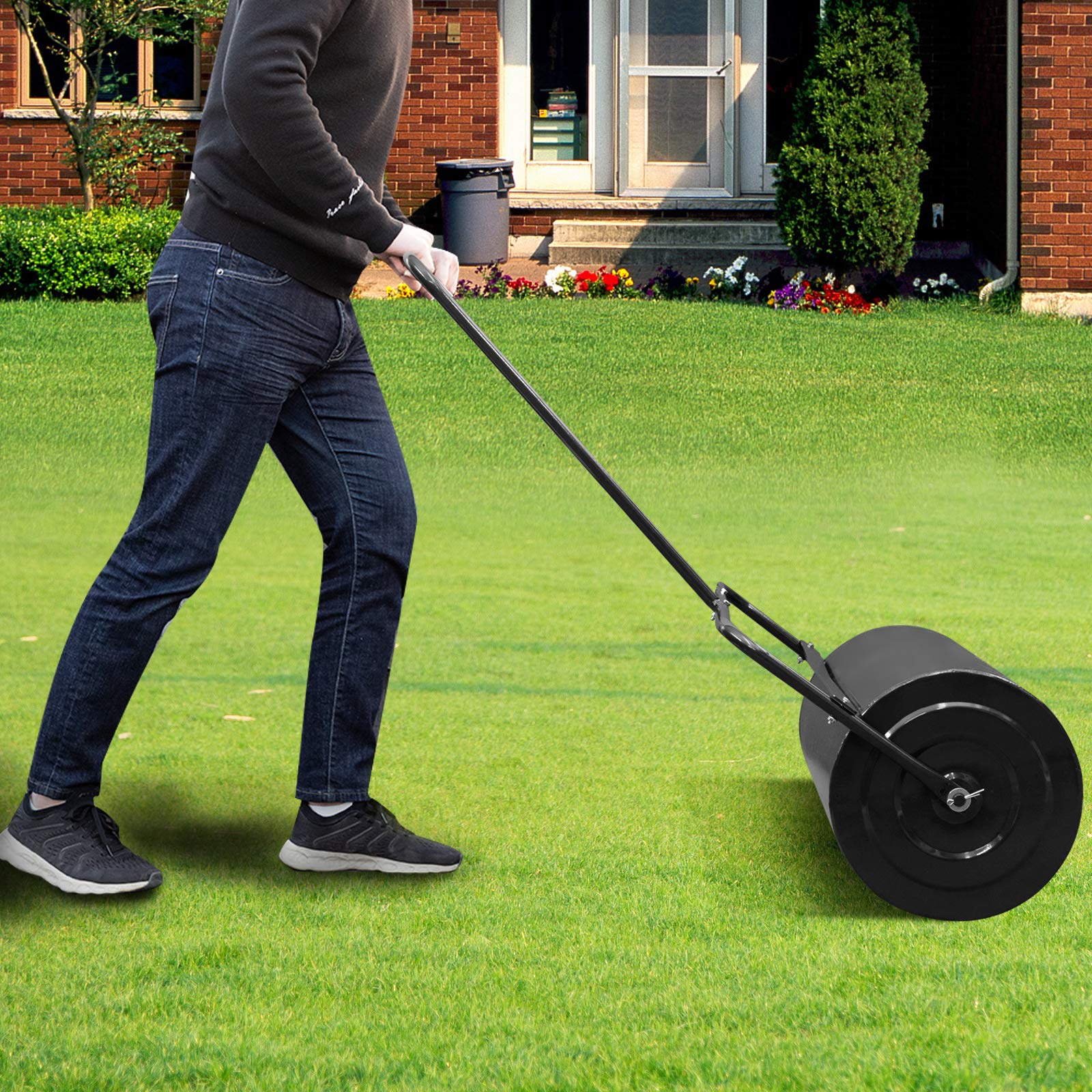 VINGLI 20 Inch Lawn Roller - Heavy Duty Water or Sand Filled Garden Drum Roller for Leveling Grass, Soil & Yard - Push/Tow Behind for Lawn Care, Landscaping & Backyard Maintenance (Black) | Perfect for Seeding, Sod Installation & Ground Preparation