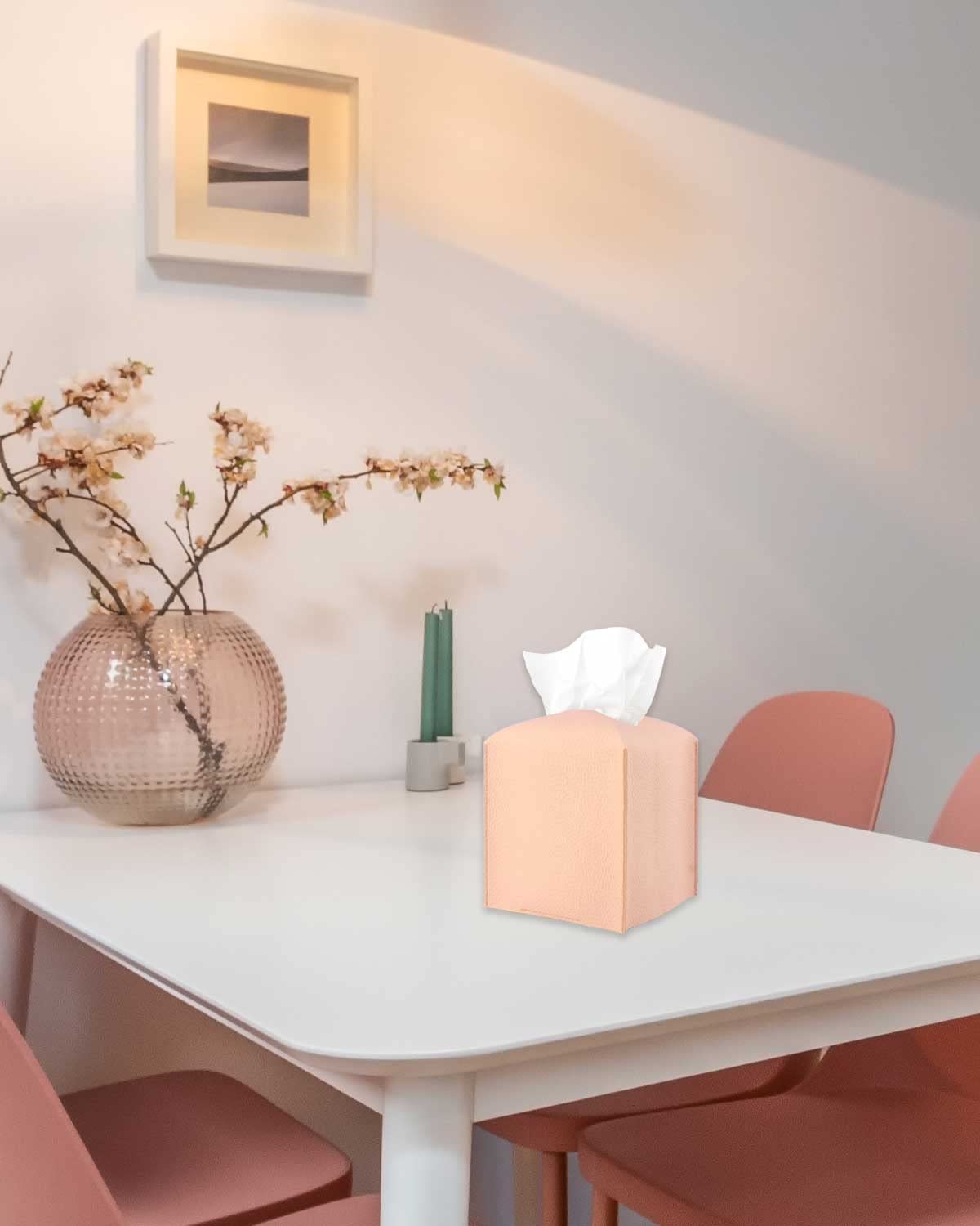 Elegant Pink PU Leather Tissue Box Cover with Bottom Belt - Modern Decorative Holder for Bathroom Vanity, Nightstand & Office Desk | Perfect for Home Decor, Gift Giving & Organization