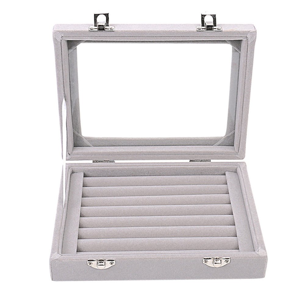 Velvet Jewelry Box with Glass Top - Ring Earrings Display Case & Storage Organizer with 2 Clasps - Perfect for Jewelry Shop, Home Vanity & Travel Accessories