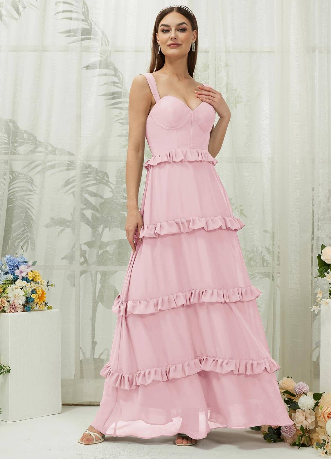 Elegant Blush Chiffon Sweetheart Neckline Strapless Tiered Maxi Bridesmaid Dress - Perfect for Weddings, Formal Events & Special Occasions