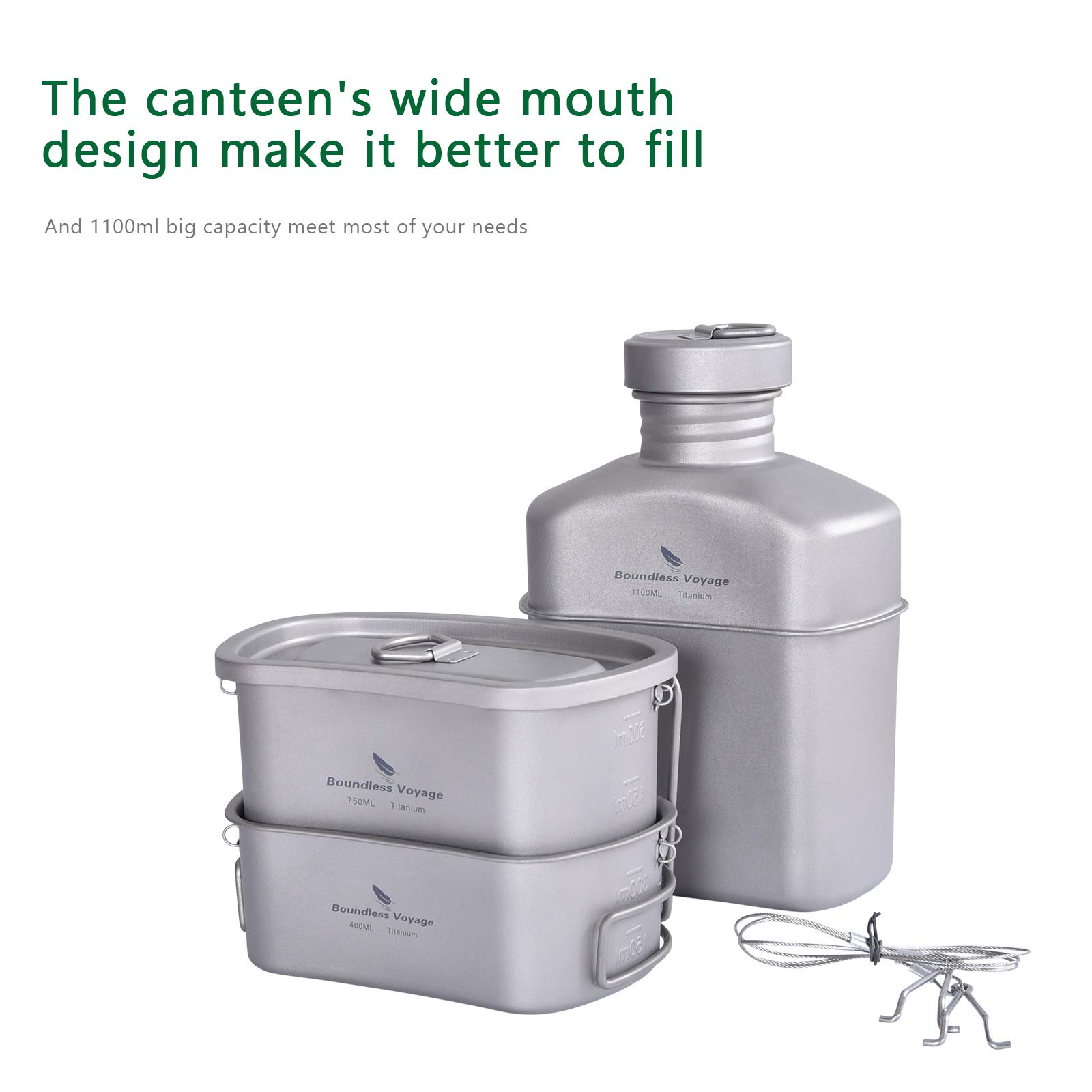 Boundless Voyage Titanium Military Canteen Cup Set - Lightweight Outdoor Camping & Hiking Water Bottle with 2 Cups - Durable Mess Kit for Cooking, Survival Gear - Perfect for Backpacking, Bushcraft & Emergency Preparedness (Ti15158B)