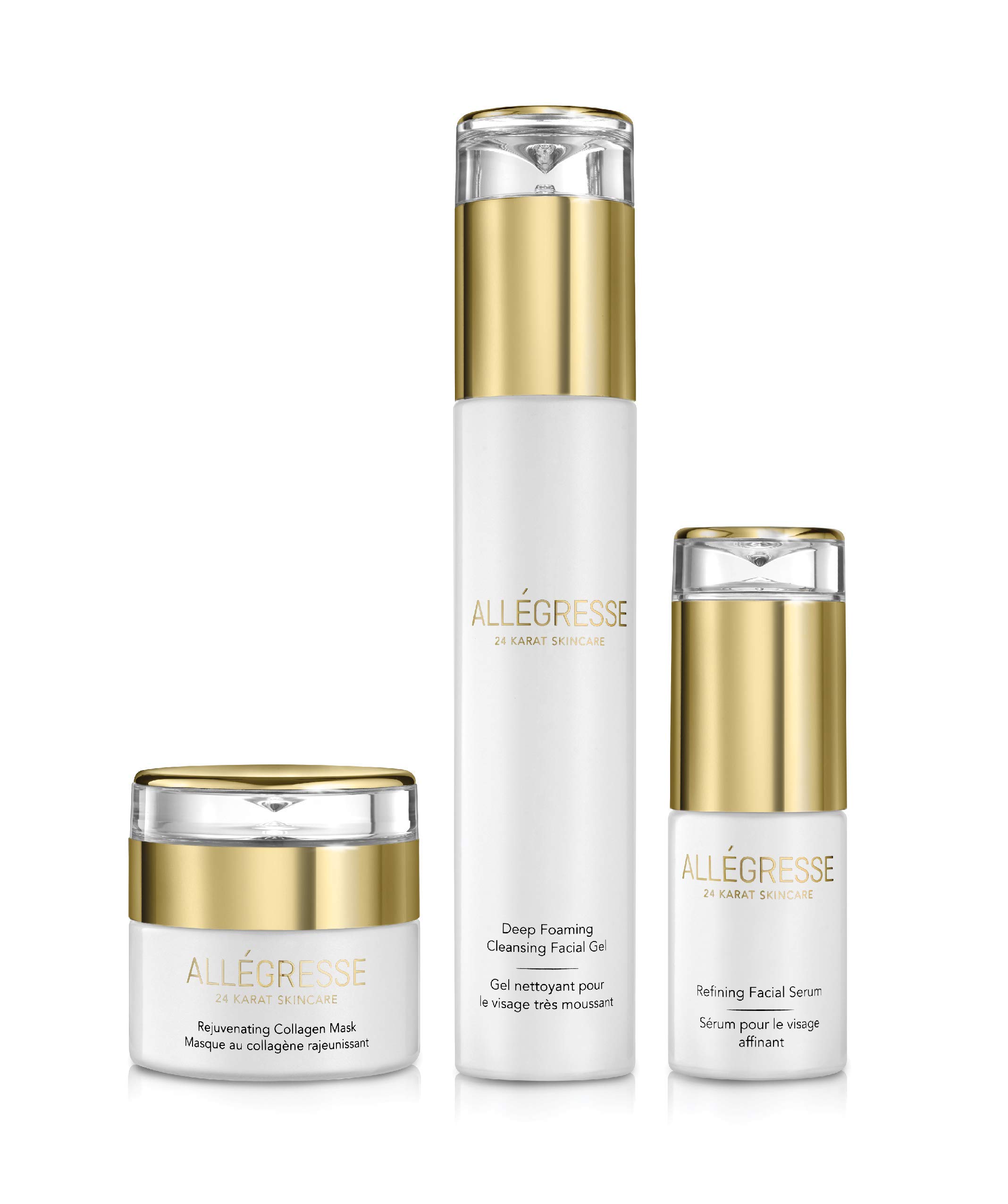 Allegresse Rejuvenating 24K Gold Collagen Mask Set with Foaming Cleanser & Facial Serum | Anti-Aging Skincare Kit with Essential Oils & Botanical Extracts | 3-Piece Luxury Facial Care for Glowing Skin | Perfect for Spa Night & Self-Care Routine