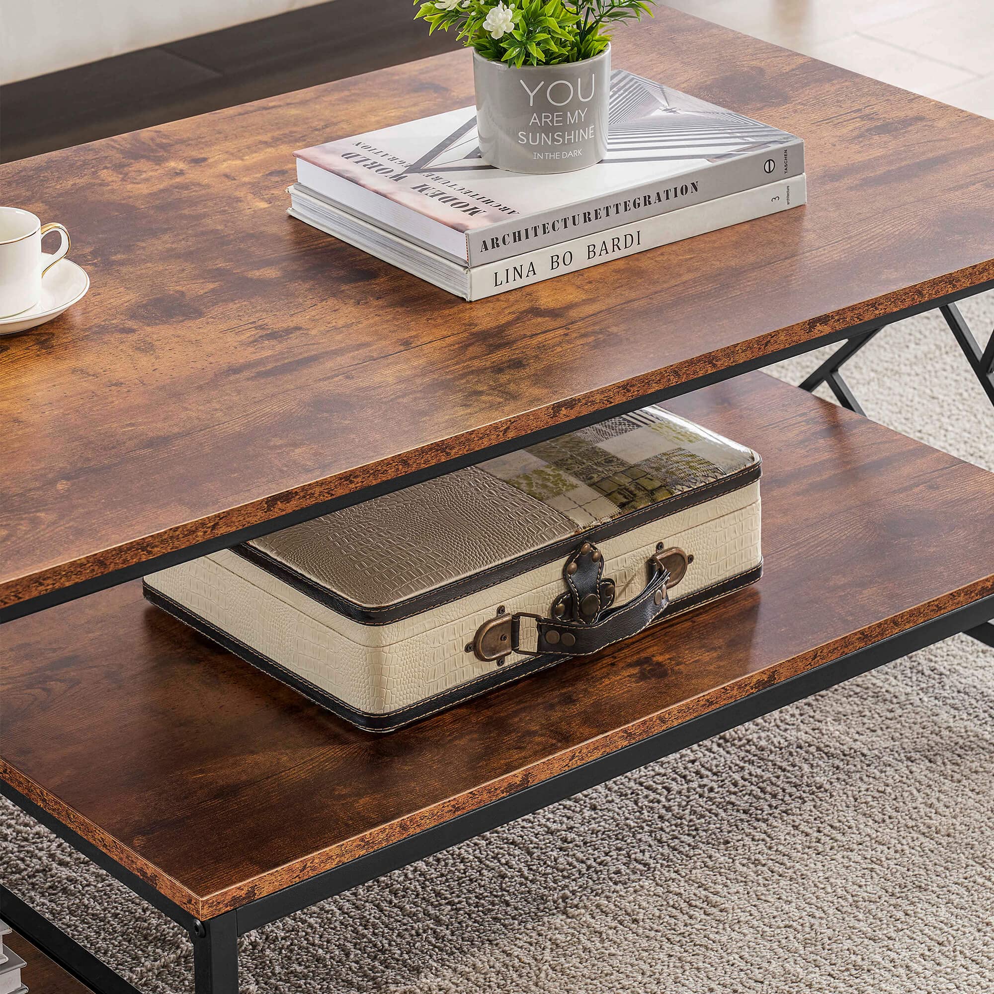 Rustic Wood Coffee Table for Living Room - Farmhouse Mid Century Modern TV Stand with Black Metal Frame, Industrial Cocktail Table with Double Storage Shelves (Brown) | Perfect for Small Spaces, Apartments & Cozy Home Decor