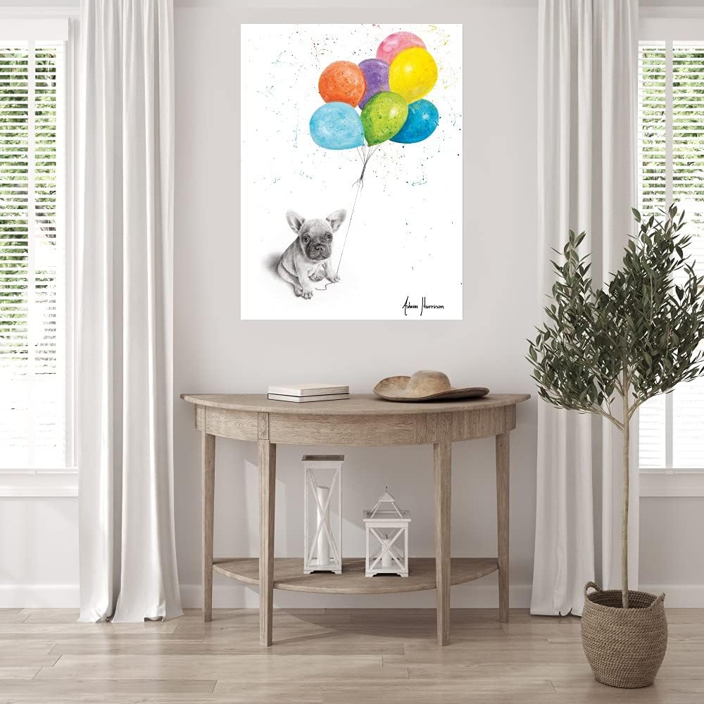 Fine Art Canvas - Little Frenchie and The Balloons Wall Decor by Artist Ashvin Harrison | Modern Home & Office Decor for Living Room, Bedroom, Bathroom, Kitchen, Bar, Dining & Guest Room | Ready to Hang 24x32 Inch Canvas Painting | Perfect for Gifts, Housewarming & Interior Design