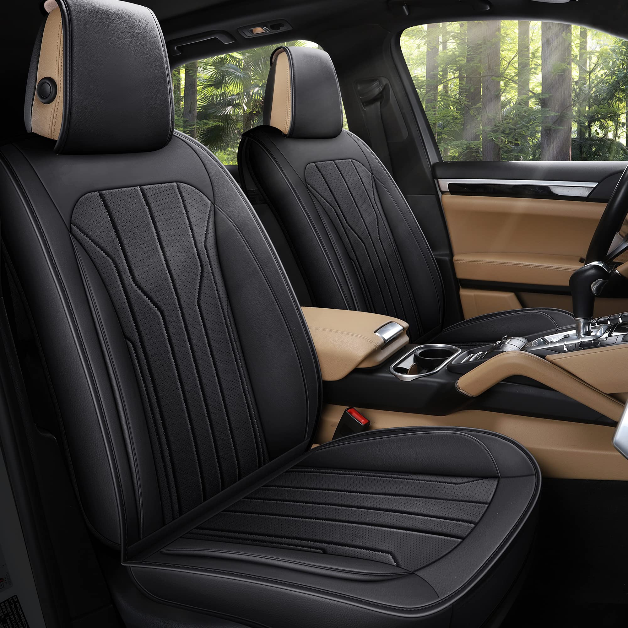 Premium AOOG Leather Car Seat Covers - Universal Fit Leatherette Automotive Seat Protectors for Cars, SUVs & Trucks | Non-Slip Vehicle Interior Accessories | Front Pair in Black | Perfect for Commuting, Road Trips & Family Protection
