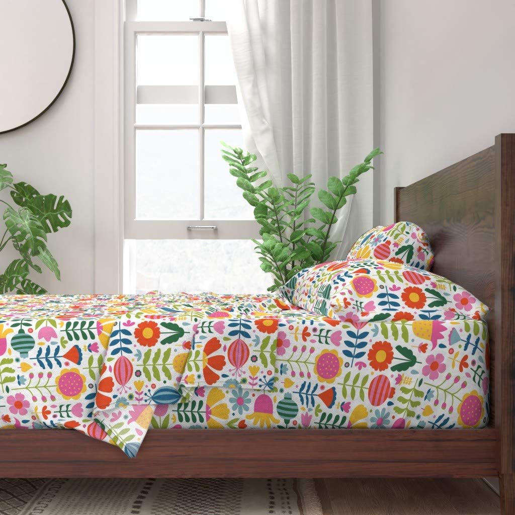 100% Cotton Twin Sheet Set - 3pc Scandinavian Floral Print Bedding in Pink, Green, Blue & Orange | Modern Custom Duvet Cover & Pillowcases | Perfect for Guest Rooms, Kids' Bedrooms & Boho Decor
