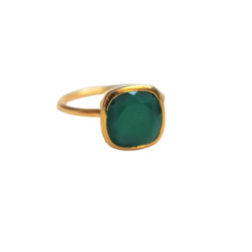 Natural Green Onyx Ring for Women - 925 Sterling Silver & Yellow Gold Handmade Jewelry | Cushion Cut Statement Ring, Dainty Engagement or Promise Ring | Perfect Birthday Gift for Her, Wedding, Anniversary & Special Occasions