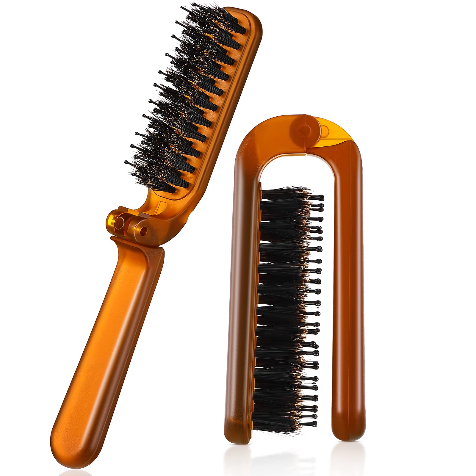 2 Pack Foldable Travel Hair Brush - Compact Collapsible Pocket Hair Comb with Bristles for Women & Men, Portable Styling Tool for Home, Gym, Office & Travel (Amber)