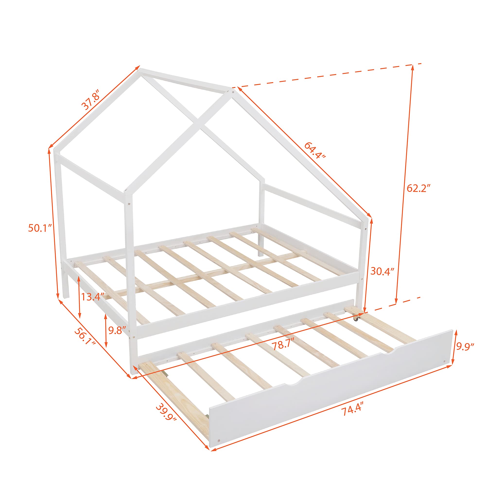 **Solid Wood House Bed Frame - Full Size Daybed with Twin Trundle, Platform Bed with Roof for Kids, Teens & Toddlers - White - Perfect for Bedrooms, Playrooms & Sleepovers**