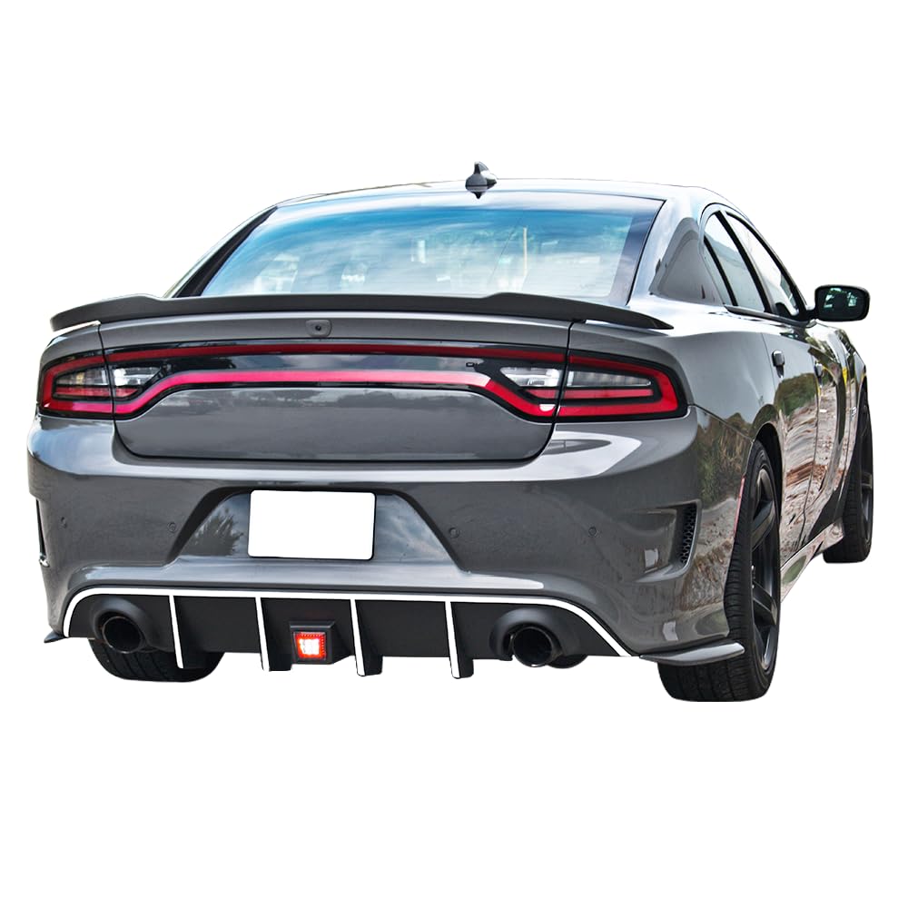 IKON MOTORSPORTS Rear Bumper Lip Diffuser with LED Brake Light & Reflective Tape - Compatible with 2015-2023 Dodge Charger SRT | Aggressive Style Upgrade for Street Racing & Car Shows