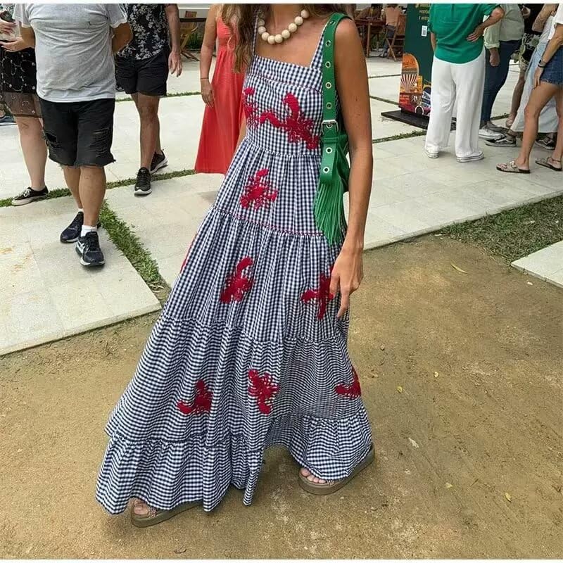 XPONNI Women's Gingham Print Lobster Summer Maxi Dress 2024 - Flowy Ruffle Linen Sundress for Beach, Vacation & Casual Wear