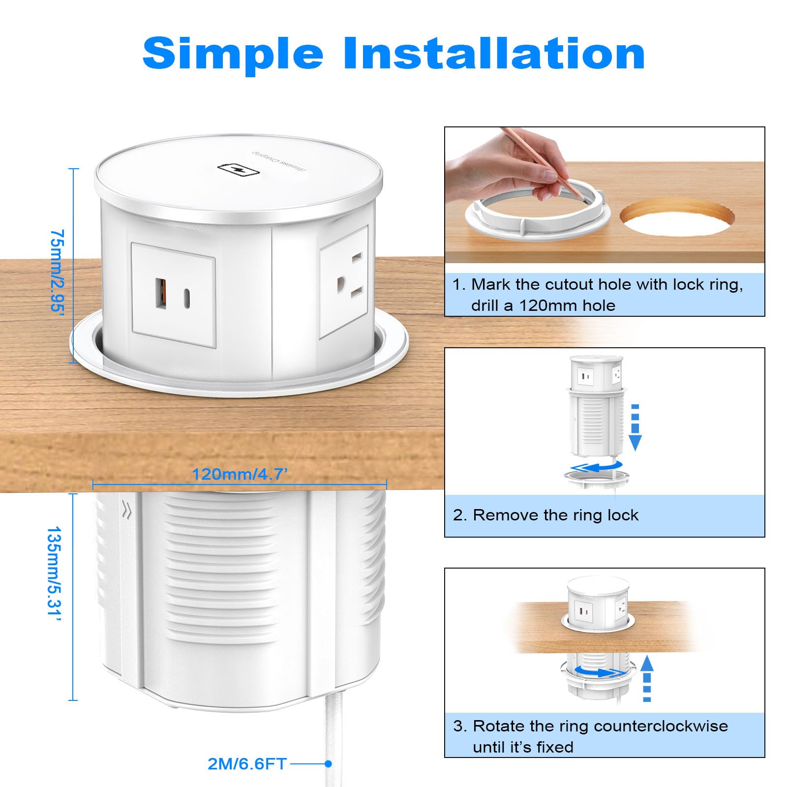XBA Pop Up Outlet with 15W Fast Wireless Charger | 4 AC Outlets + 1 USB-A & 1 USB-C Port | Hidden Recessed Power Strip for Kitchen Countertop & Home Office Desk | 4.7