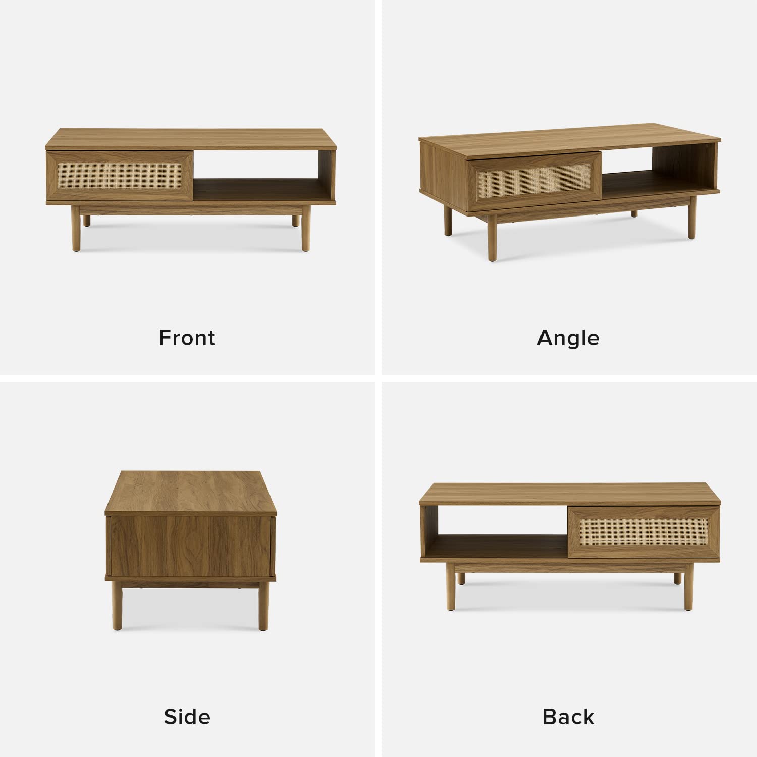Haylee Coffee Table - Modern Boho Farmhouse Style Natural Rattan Living Room Table with Storage Shelf, Small Center Table for Living Room, Bedroom, or Office (Oak Finish) - Perfect for Coffee, Books, and Decor Display