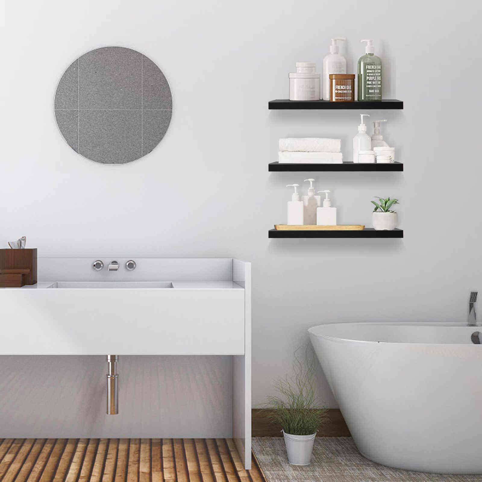 Floating Shelves Set of 3 - Solid Wood Wall Shelves for Bathroom, Bedroom & Kitchen Decor - Black