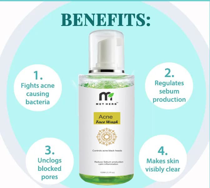 MET HERB Acne Face Wash with Aloe Vera, Lemon & Turmeric - For Oily, Acne-Prone Skin | Reduces Pimples & Blemishes for Flawless Glowing Skin | Men & Women | 100ml | Daily Cleanser for Clear, Healthy Complexion
