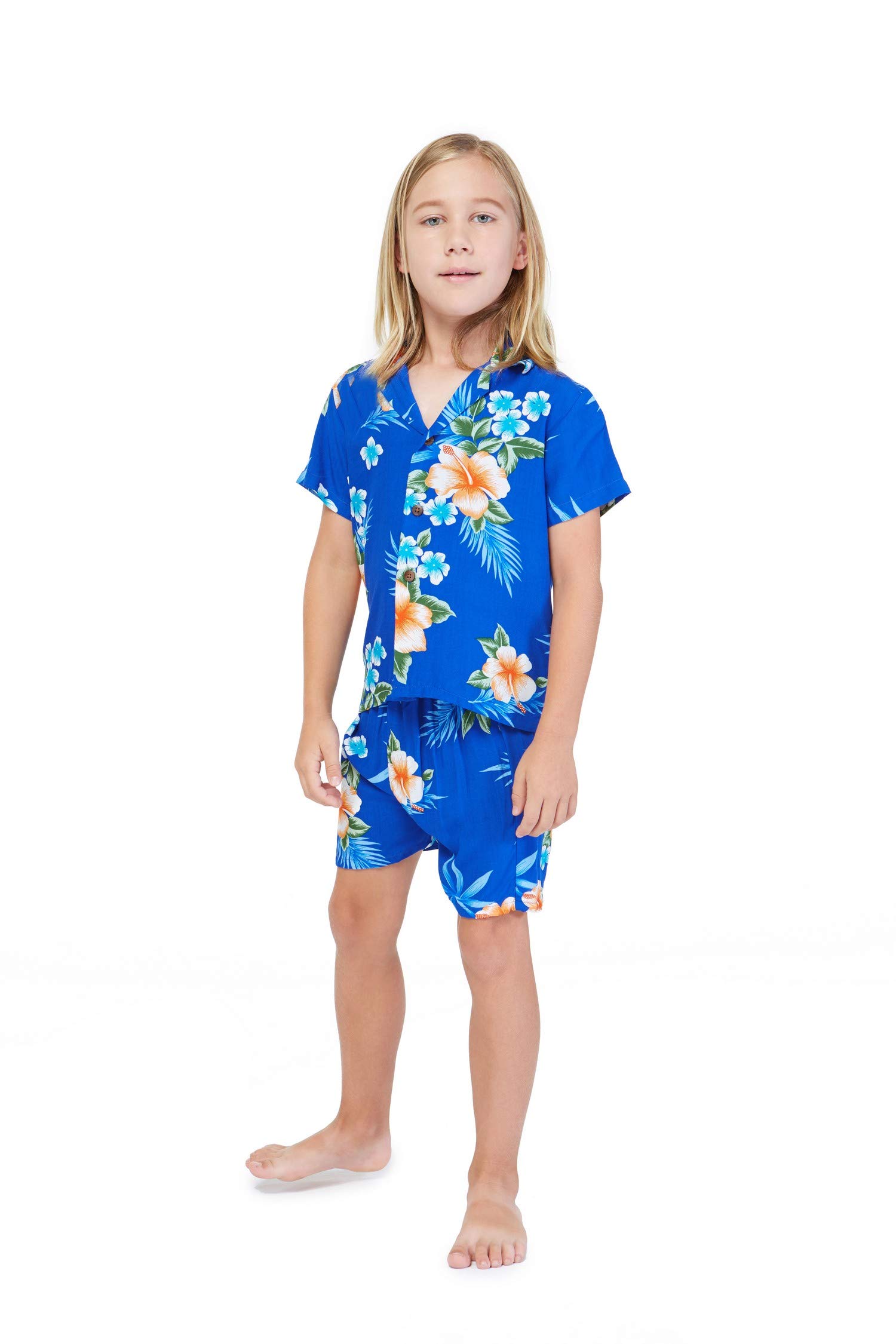 Hawaiian Luau Outfits for Family - Matching Hibiscus Blue Aloha Shirts for Men, Women, Girls & Boys | Perfect for Beach Parties, Summer Vacations & Tropical Themed Events