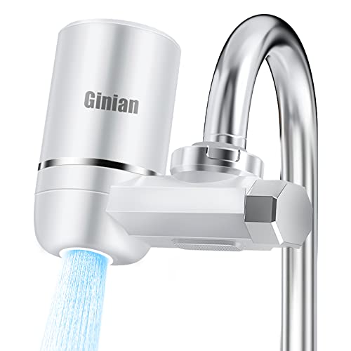 Ginian Sink Faucet Water Filter Purifier System with Blue Light Disinfection - 2000L High Capacity, Leak-Proof Kitchen Faucet Mount Filter (Milky White) for Clean Drinking & Cooking Water - Perfect for Home, Office, and RV Use