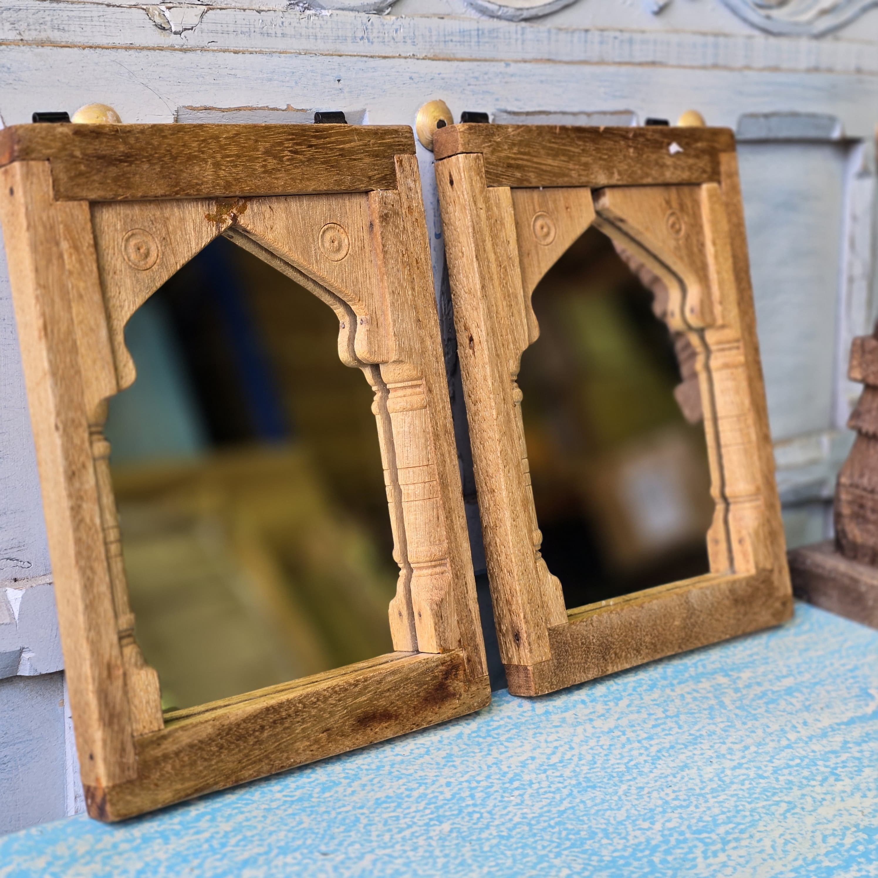 Hand Carved Indian Solid Wood Temple Mirror - Brown Wooden Wall Mirror for Home Decor, Spiritual Space & Meditation Room - Perfect for Boho, Ethnic & Traditional Interior Design Styles