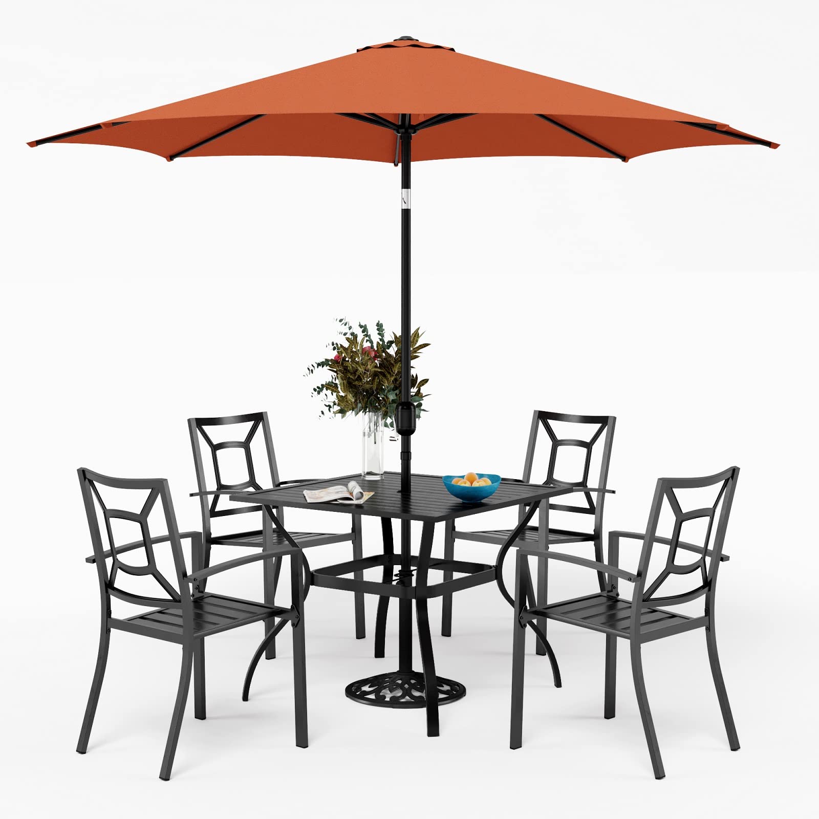 Sophia & William 6-Piece Metal Outdoor Dining Set for 4 - Square Table & 4 Stackable Chairs with 10ft Tiltable Patio Umbrella in Orange Red | Perfect for Backyard, Garden, Poolside & Patio Entertaining