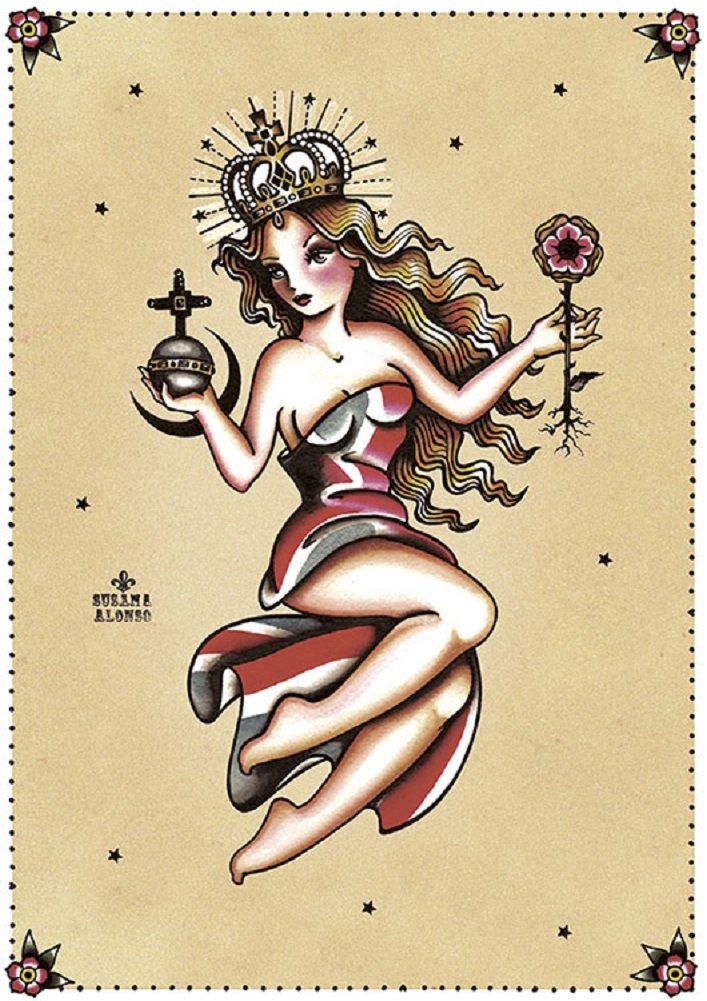 Vintage Pin Up Girl Tattoo Art Print - Old School Queen Canvas Wall Decor by Susana Alonso | Perfect for Tattoo Parlors, Retro Bedrooms & Man Cave Decor