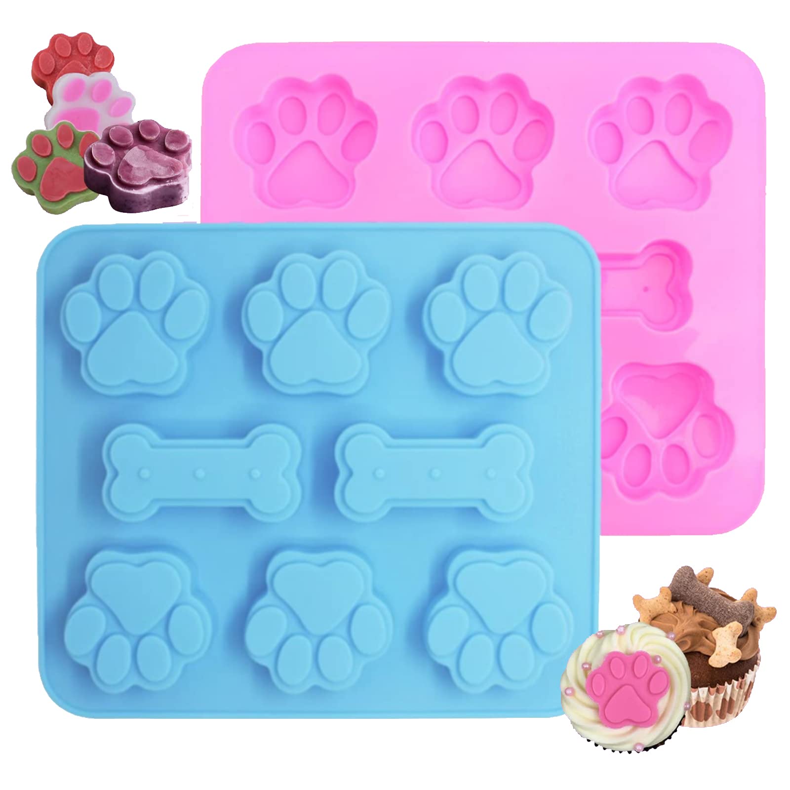 2 Pack Silicone Dog Treat Molds - Paw & Bone Shape for Baking Chocolate, Candy, Jelly, Ice Cubes | Perfect for Homemade Dog Treats, Party Favors & DIY Desserts