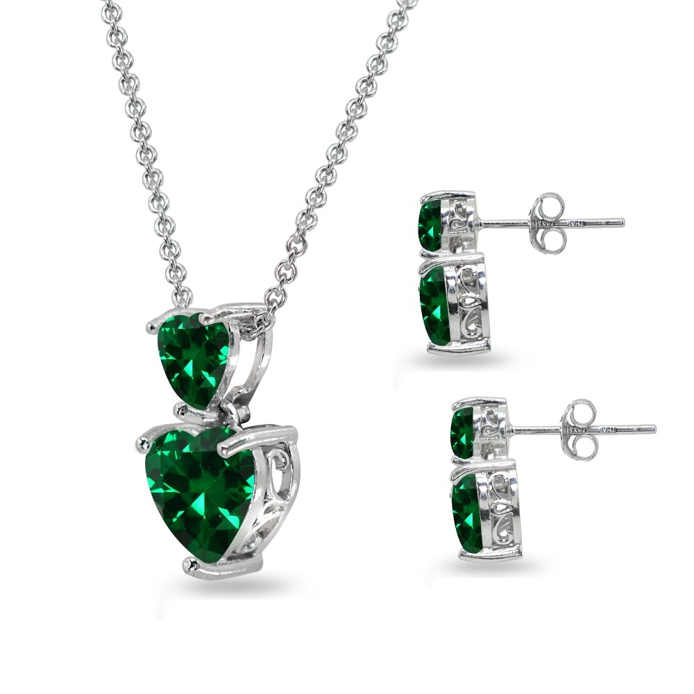 Sterling Silver Double Heart Friendship Necklace & Stud Earrings Set with Genuine/Created/Simulated Gemstone - Perfect Gift for Best Friend, Sister, Girlfriend | Valentine's Day, Birthday, Anniversary Jewelry