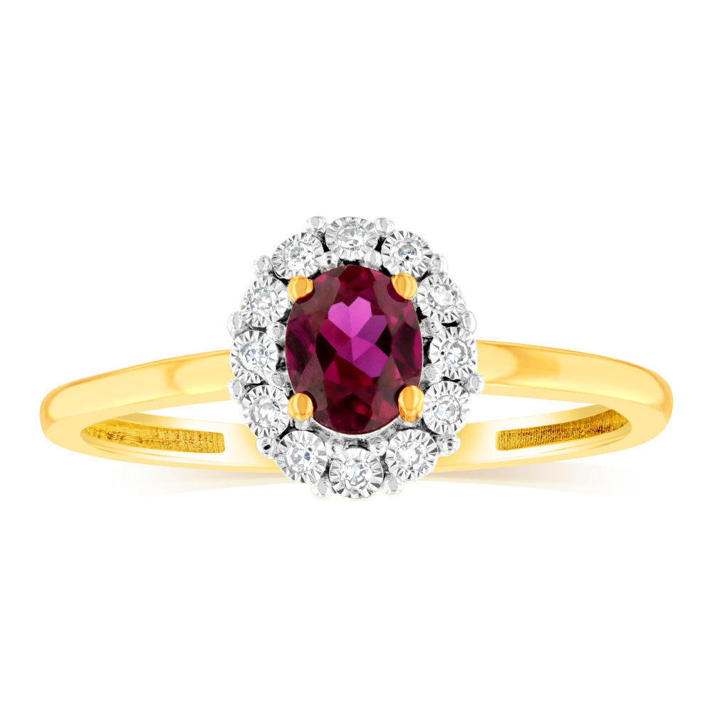 0.39 Carat Oval Created Ruby and Diamond Ring in 9K Yellow Gold - Elegant Engagement, Anniversary, or Gift Jewelry for Women