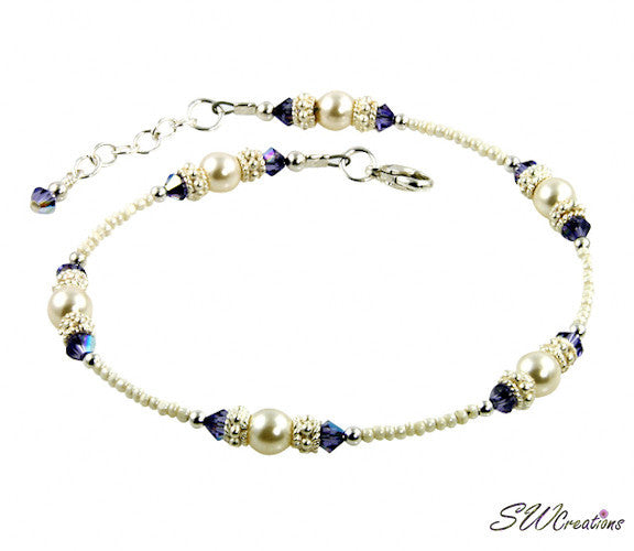 Tanzanite Cream Rose Crystal Beaded Anklet - Elegant Ankle Bracelet for Women, Boho Chic Jewelry for Summer Outfits & Beach Vacations