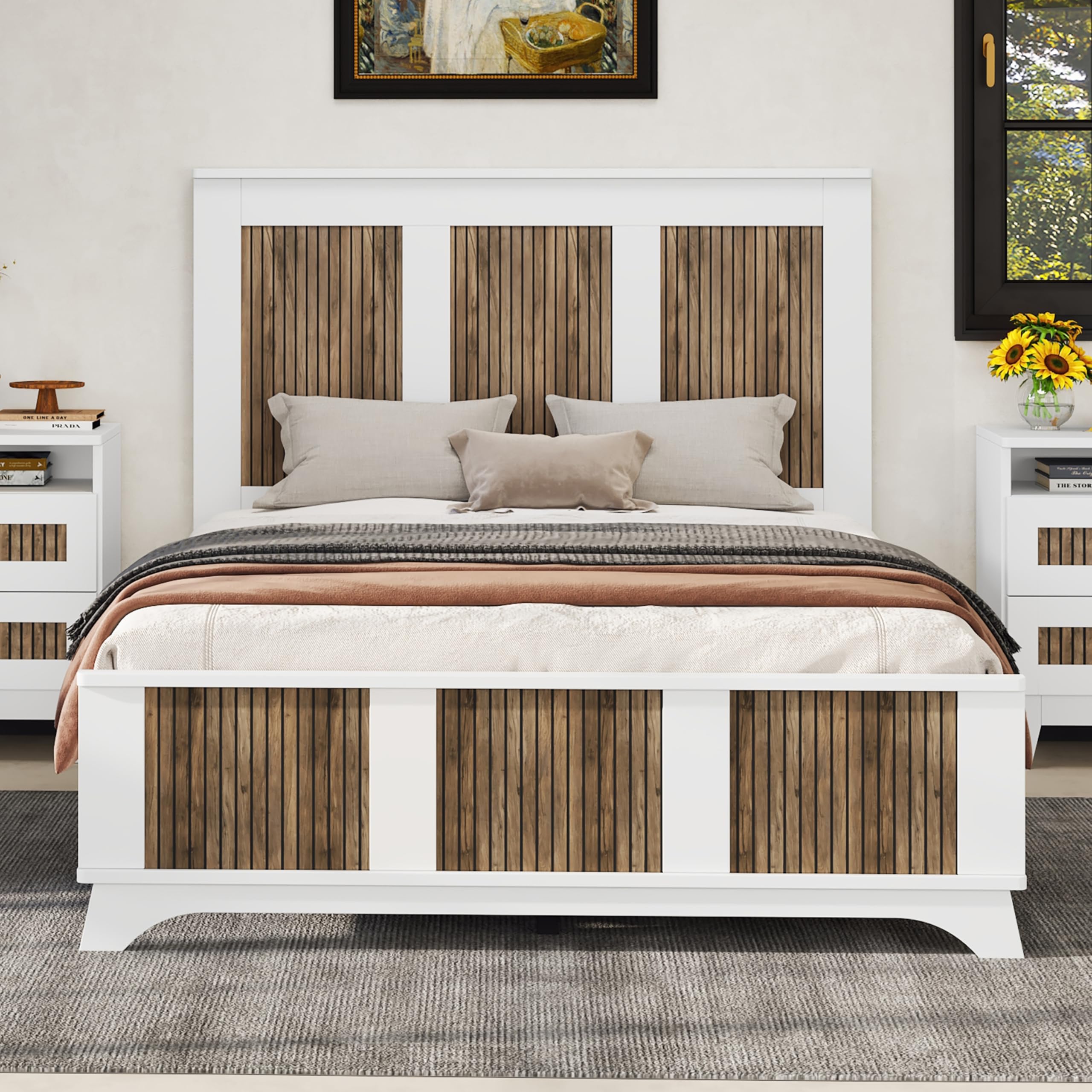 LZ LEISURE ZONE 4-Piece Full Size Farmhouse Bedroom Set - White Wooden Platform Bed with Storage Nightstands & Dresser (Metal Handles) | Rustic Home Decor for Master Bedroom, Guest Room & Apartment