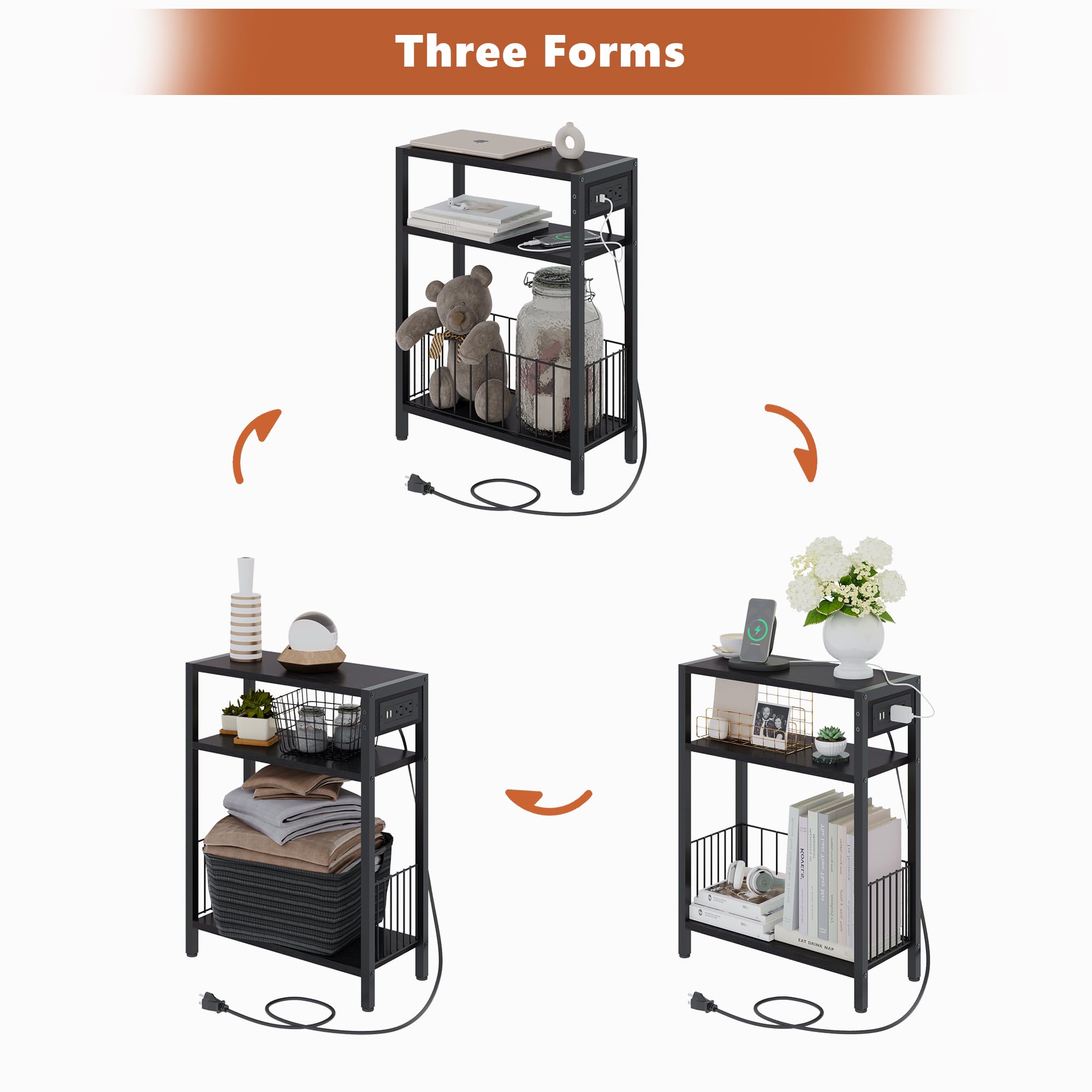 Slim Narrow Side Table with USB Charging Station - 3-Tier Small End Table with Storage Basket for Bedroom, Living Room - Space-Saving Nightstand for Apartments, Dorms - Black (Perfect for Tight Spaces, Charging Devices & Organizing Essentials)