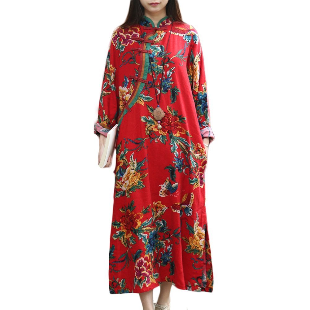 Elegant Floral Print Chinese Cheongsam Dress for Women - Vintage Style Maxi Dress (Red, Size M) | Perfect for Tea Parties, Weddings & Cultural Events