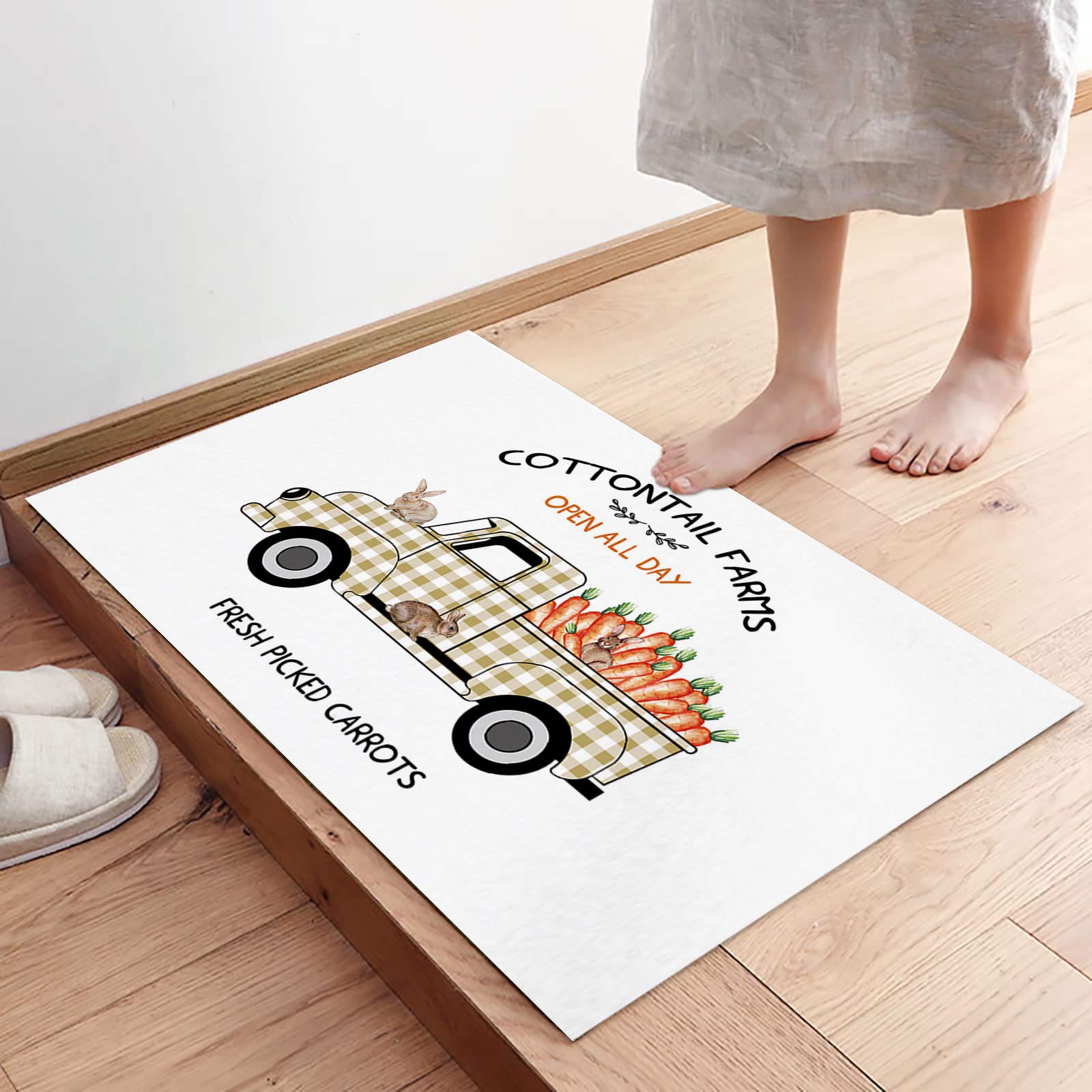 Easter Carrot Rabbit Doormat 20x31.5 Inch - Farmhouse Spring Entryway Rug with Plaid Design for Front Door, Apartment & Office - Non-Slip Floor Mat for Indoor/Outdoor Use