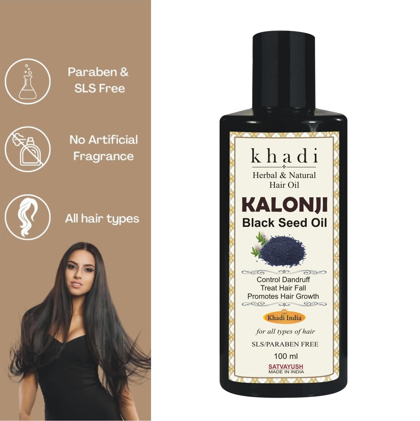 Satvayush Khadi Black Seed (Kalonji) Hair Oil - 100ml | Herbal & Natural Hair Growth Treatment for Long, Healthy & Strong Hair | Perfect for Daily Scalp Massage & Hair Care Routine