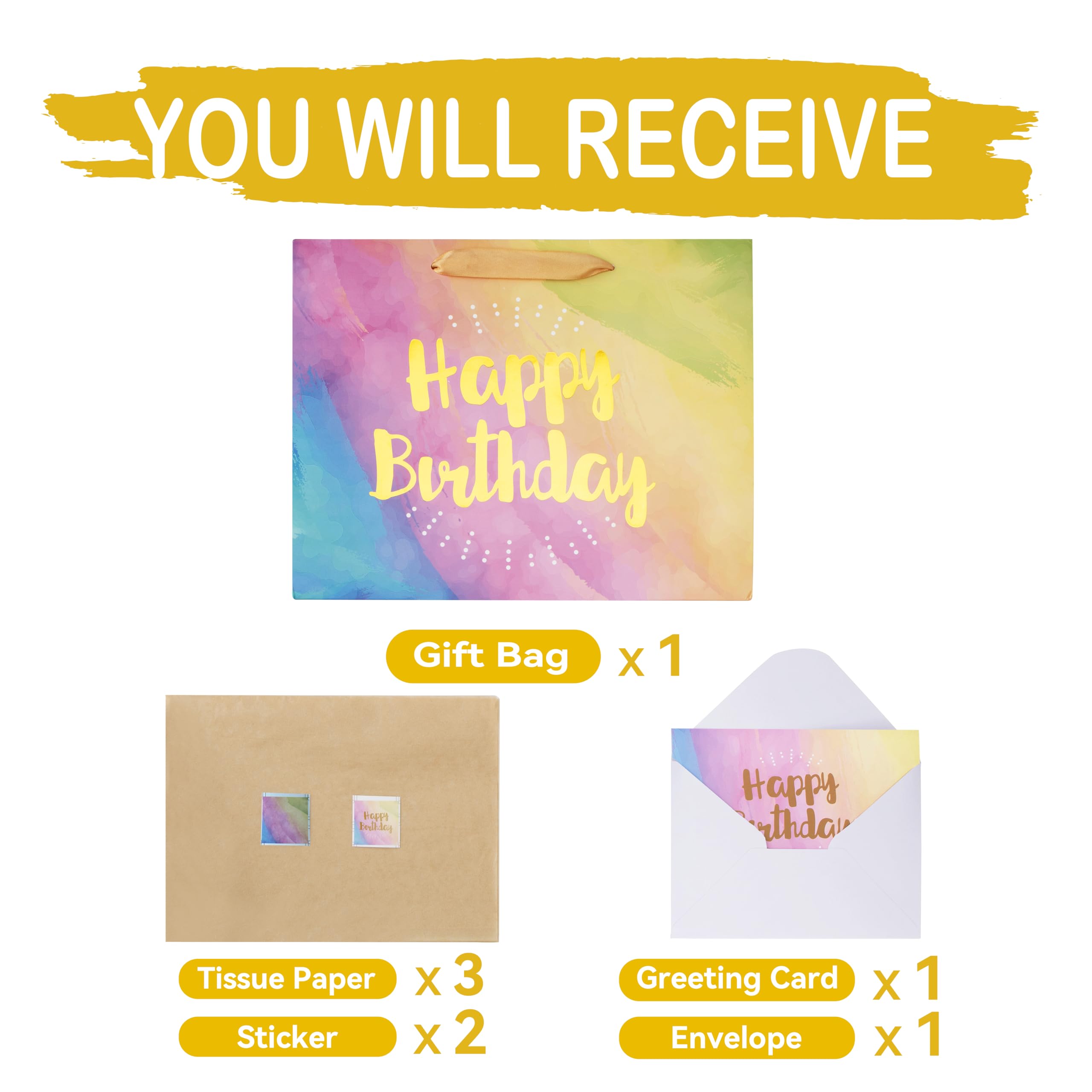 Wishinside 13-Inch Large Yellow Watercolor Gift Bag Set with Greeting Card & Tissue Paper (Gold Foil 'Happy Birthday') - Perfect for Birthdays, Baby Showers, Women, Men, Girls & Boys - Great for Party Favors, Gift Wrapping & Special Occasions