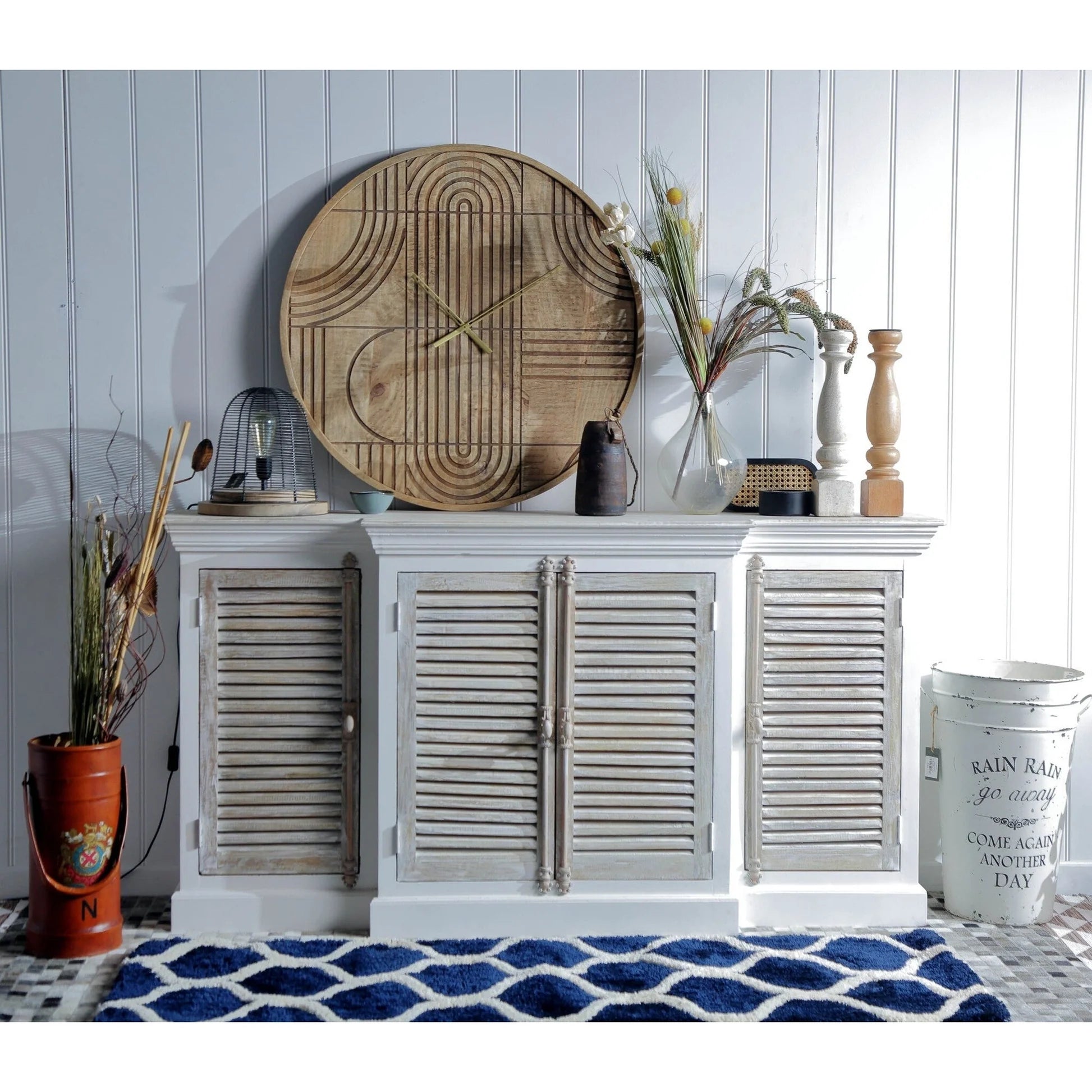 Antique White Wooden 4-Door Sideboard Buffet Cabinet - Vintage Farmhouse Storage Furniture for Dining Room, Living Room & Entryway (Limited Stock)