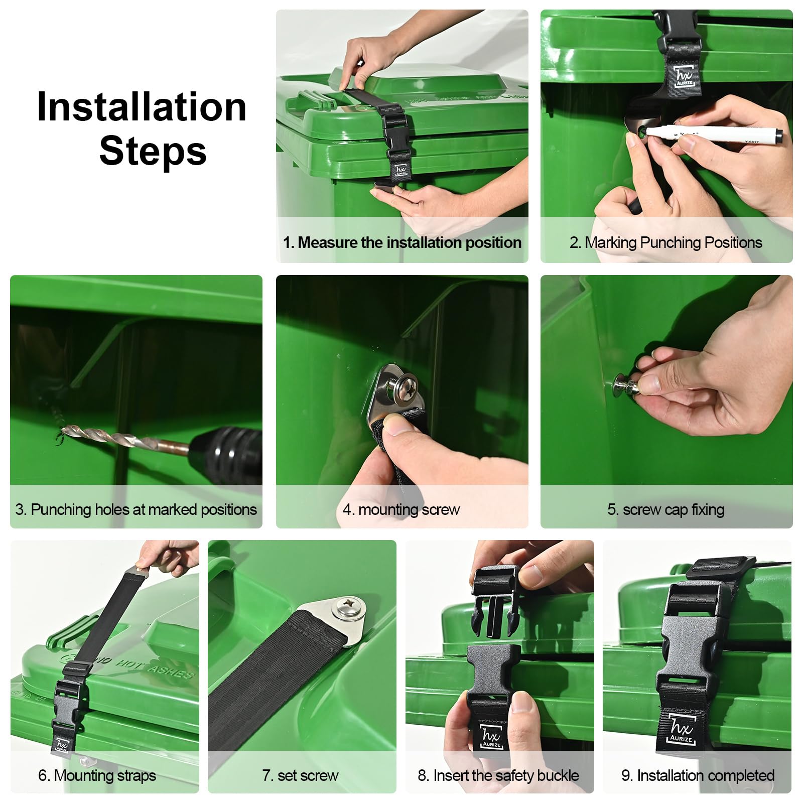 HX AURIZE Bear Proof Trash Can Lid Lock - Heavy Duty 2 Pack, Secure Outdoor Garbage Bin Locks for Camping, Hiking & Wildlife Areas - Black