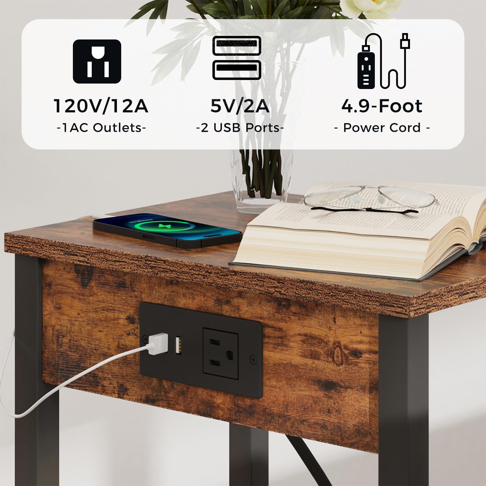 2-Tier Narrow End Table Set with USB Charging Station & Outlets - Nightstand with Storage Shelves for Small Spaces, Perfect for Living Room, Bedroom & Dorm Use