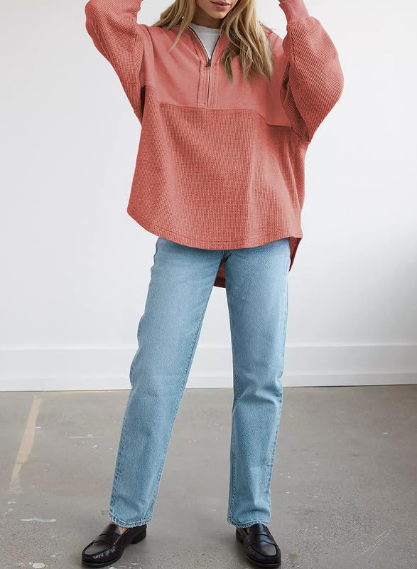 SHEWIN Women's Casual Waffle Knit Half Zip Pullover Sweatshirt - Loose Fit Long Sleeve Tops for Fall & Winter Outfits 2024 | Cozy Layering for Work, Travel & Weekend Wear