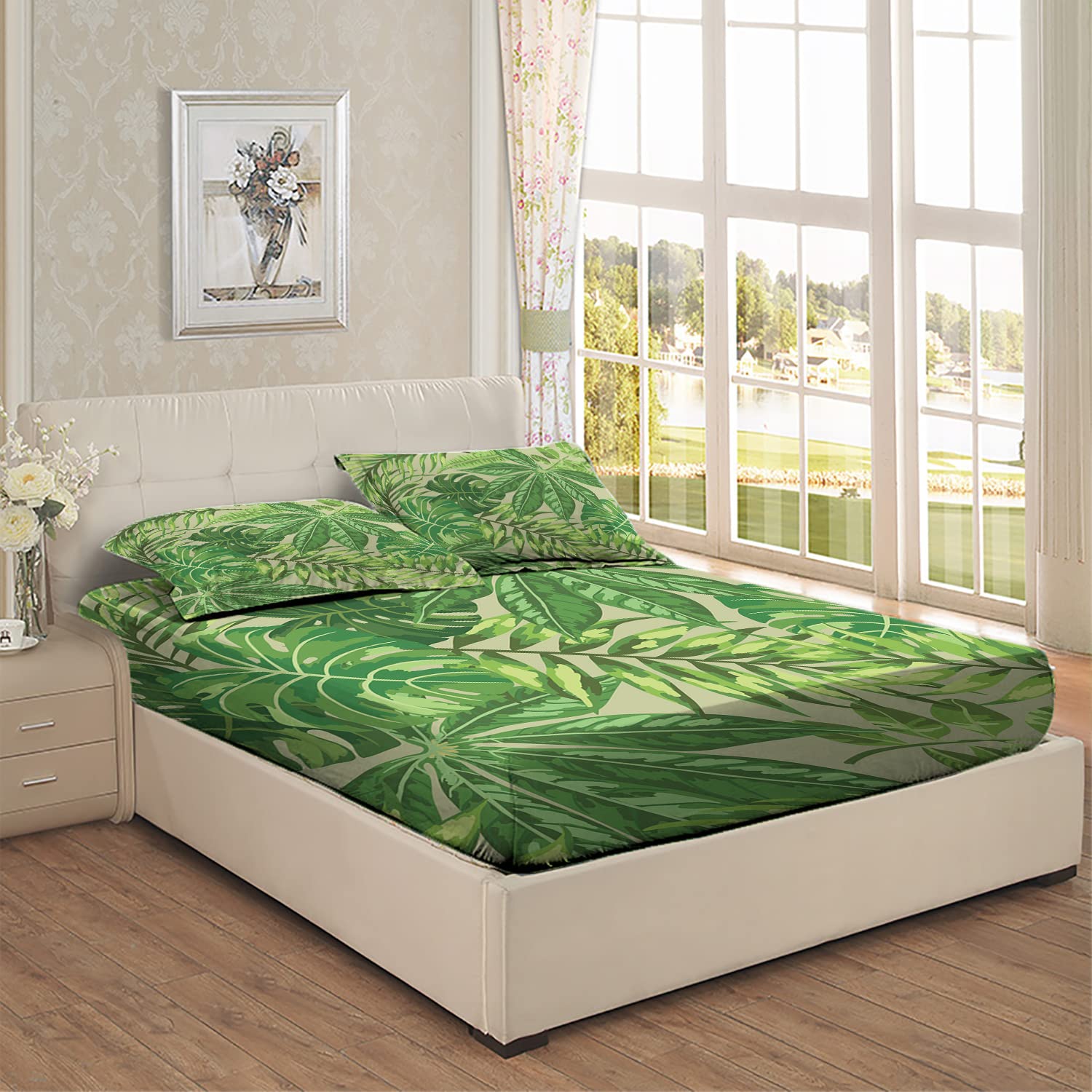 Green Leaf Theme Twin/Twin XL Fitted Bed Sheets - Fresh Jungle Aloha Pattern Printed 2-Piece Bedding Set | Ultra Soft & Breathable Fabric | Perfect Fit for Mattress (Apple Green) | Ideal for Tropical Bedroom Decor, Vacation Homes & Boho Chic Style