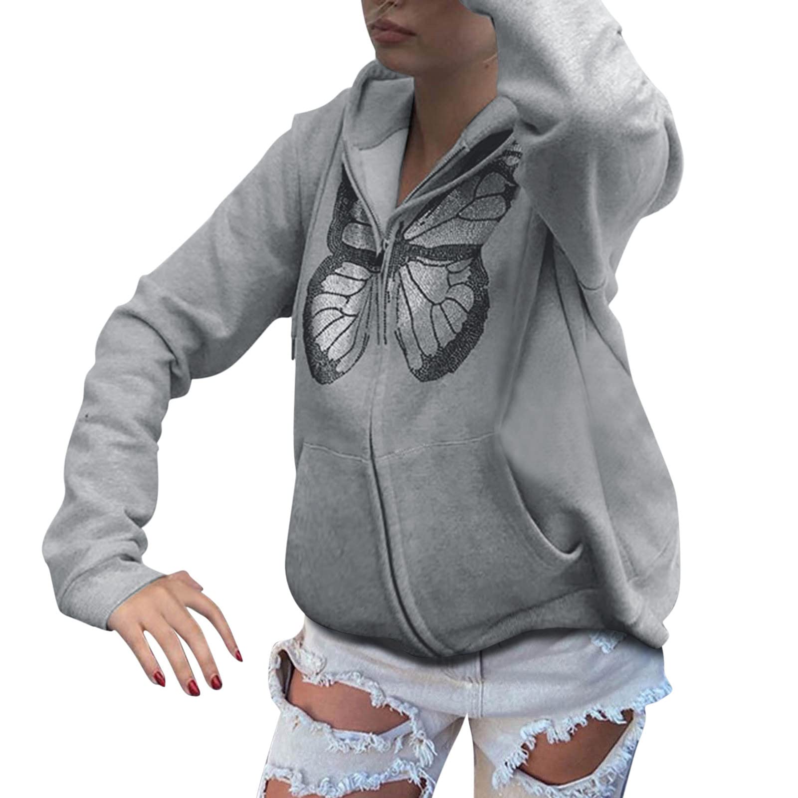 YOYORI Women's Rhinestone Print Long Sleeve Hooded Zipper Sweatshirt - Oversized Casual Coat with Pockets (Grey, Small) | Perfect for Streetwear, Fall Layering & Everyday Comfort
