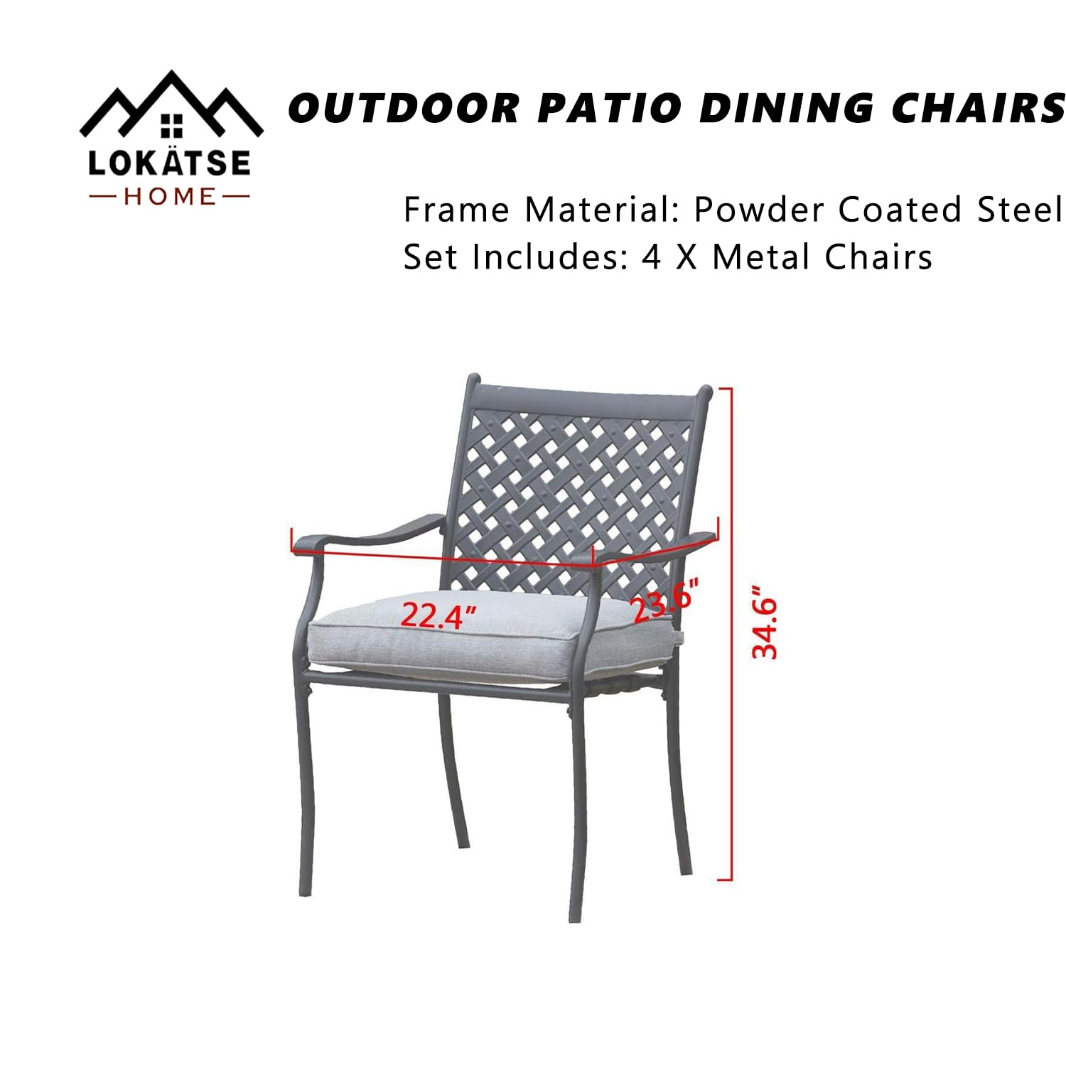 LOKATSE HOME 4-Piece Outdoor Patio Dining Chair Set - Wrought Iron Metal Chairs with Arms & Cushions (Grey) - Perfect for Garden, Backyard, Poolside & Restaurant Outdoor Seating