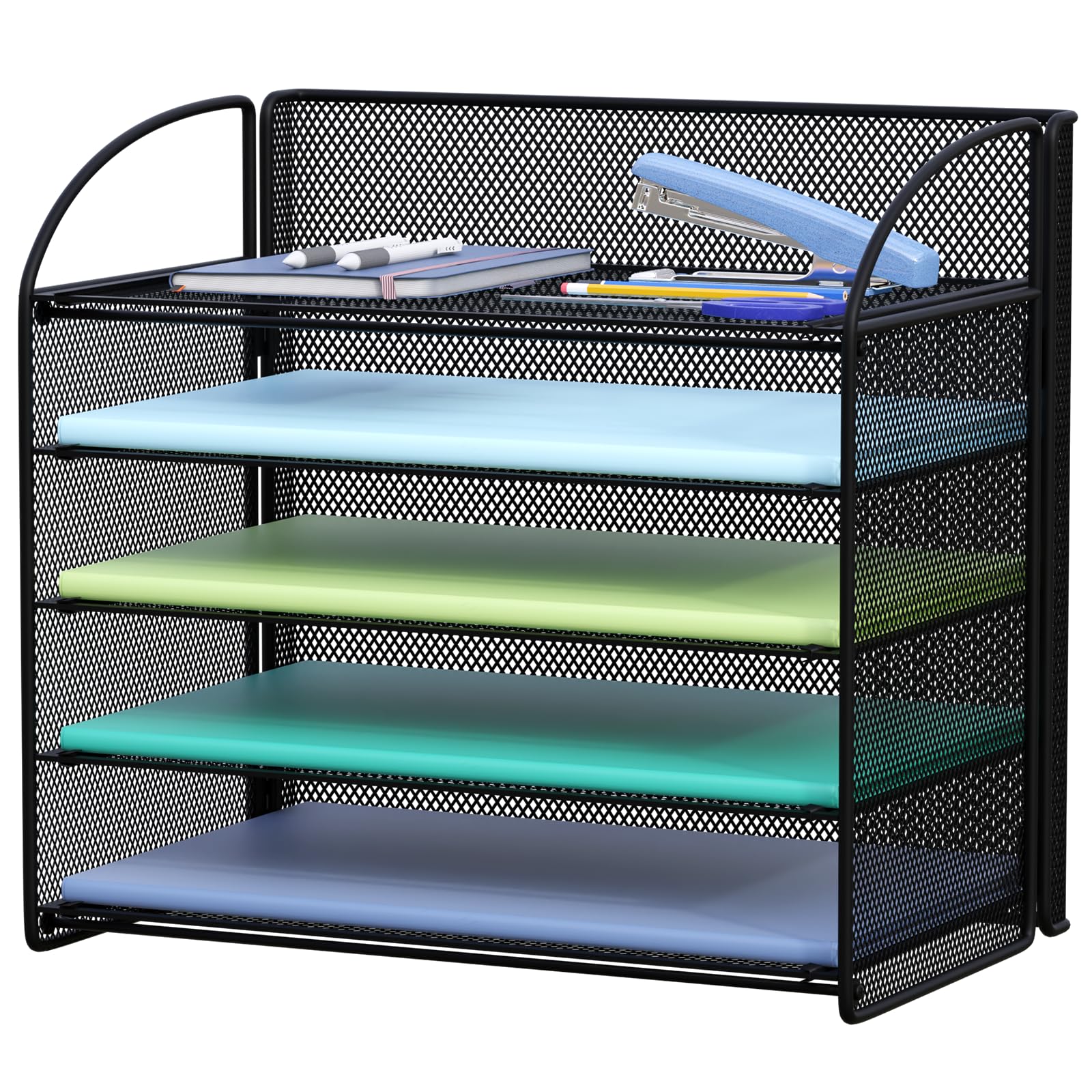 5-Tier Mesh Letter Tray Organizer with Handle - Black Desktop File Holder for Office Documents, Mail & Paper Storage - Perfect for Home, School or Workplace Organization (Ideal for Desk, Countertop & Shelf Use)