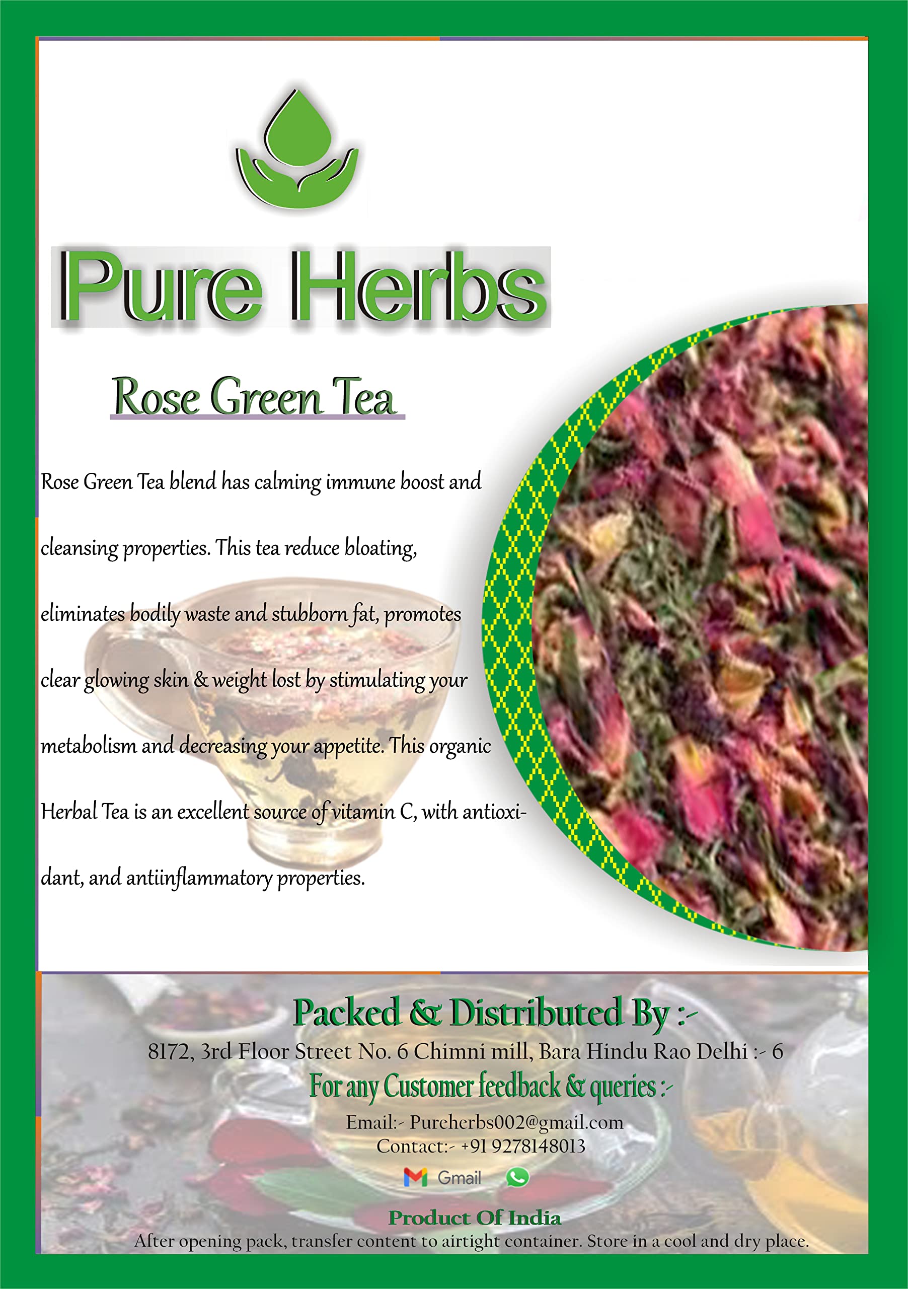 Organic Pure Herbs Green Tea with Rose Petals - Loose Leaf Pack, 1000g | Healthy Daily Detox & Relaxation Drink for Weight Loss & Stress Relief | Perfect for Morning Boost, Afternoon Pick-Me-Up & Evening Wind-Down